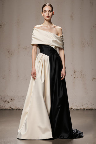Black and White A Line Off the Shoulder Satin Patchwork Long Formal Dress