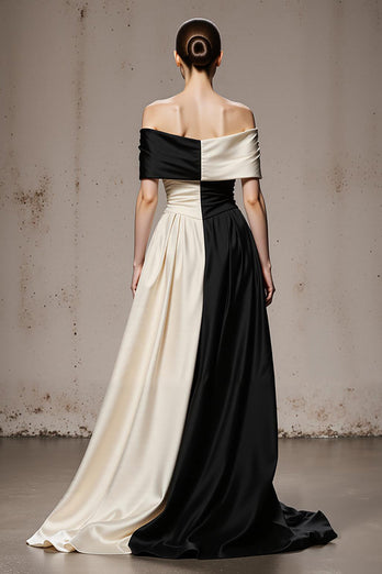 Black and White A Line Off the Shoulder Satin Patchwork Long Formal Dress
