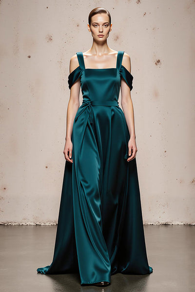 Peacock Blue Satin A Line Cold Shoulder Long Formal Dress