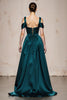 Load image into Gallery viewer, Peacock Blue Satin A Line Cold Shoulder Long Formal Dress