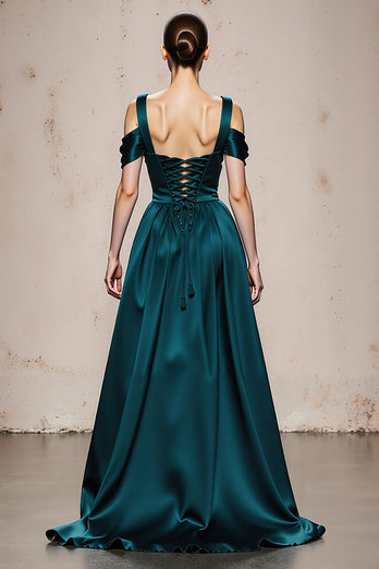 Peacock Blue Satin A Line Cold Shoulder Long Formal Dress
