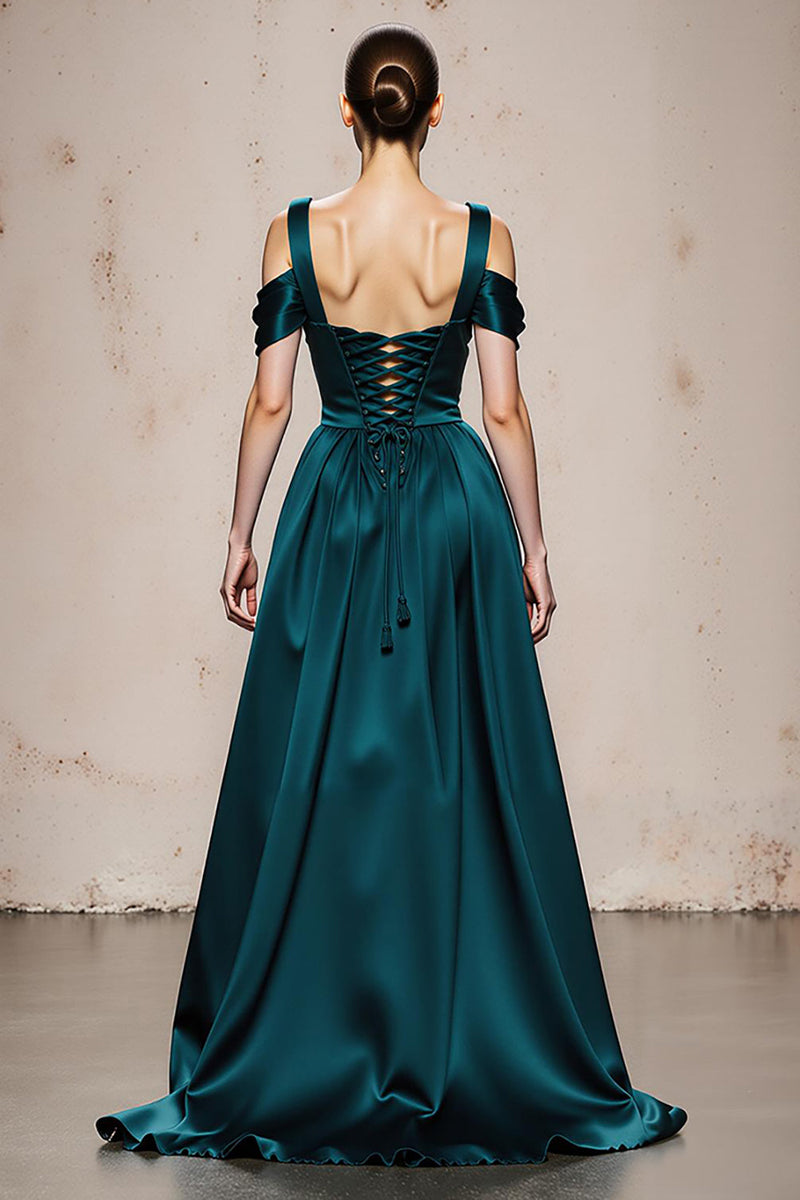 Load image into Gallery viewer, Peacock Blue Satin A Line Cold Shoulder Long Formal Dress