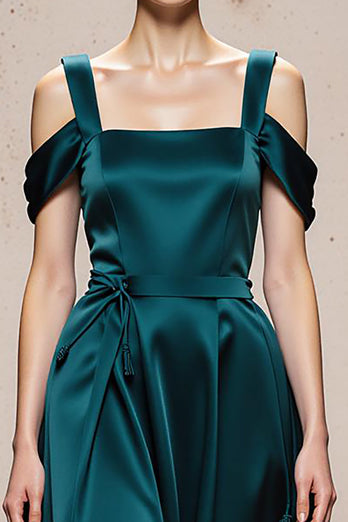 Peacock Blue Satin A Line Cold Shoulder Long Formal Dress