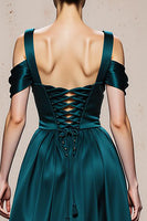 Load image into Gallery viewer, Peacock Blue Satin A Line Cold Shoulder Long Formal Dress