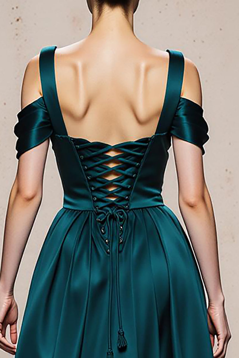 Load image into Gallery viewer, Peacock Blue Satin A Line Cold Shoulder Long Formal Dress