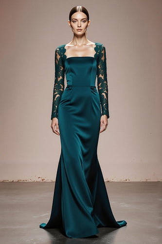 Peacock Blue Satin Square Neck Mermaid Lace Long Sleeves Formal Dress