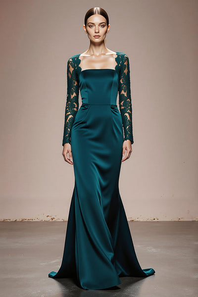 Peacock Blue Satin Square Neck Mermaid Lace Long Sleeves Formal Dress