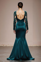 Load image into Gallery viewer, Peacock Blue Satin Square Neck Mermaid Lace Long Sleeves Formal Dress