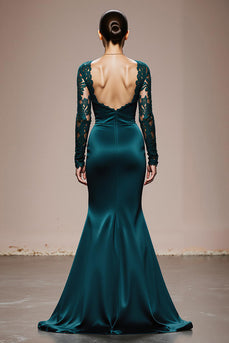 Peacock Blue Satin Square Neck Mermaid Lace Long Sleeves Formal Dress