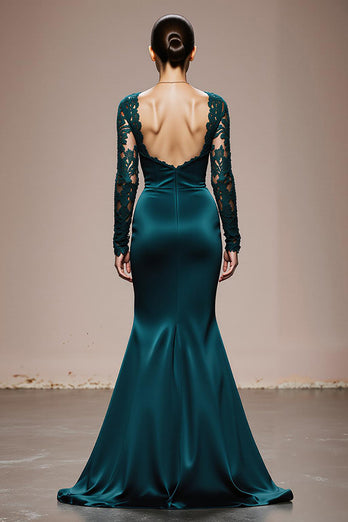 Peacock Blue Satin Square Neck Mermaid Lace Long Sleeves Formal Dress