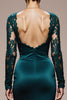 Load image into Gallery viewer, Peacock Blue Satin Square Neck Mermaid Lace Long Sleeves Formal Dress