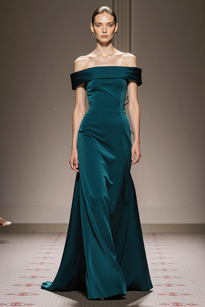 Peacock Blue Sheath Off the Shoulder Satin Long Formal Dress