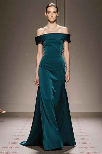 Peacock Blue Sheath Off the Shoulder Satin Long Formal Dress