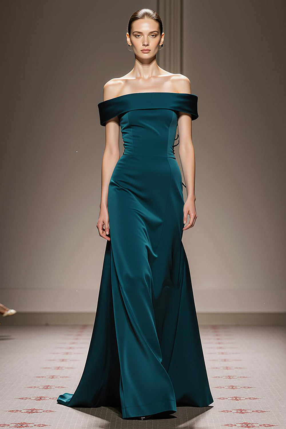Peacock Blue Sheath Off the Shoulder Satin Long Formal Dress