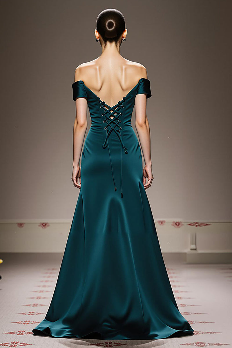 Load image into Gallery viewer, Peacock Blue Sheath Off the Shoulder Satin Long Formal Dress