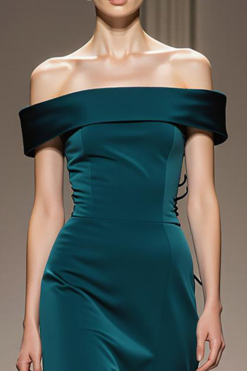 Load image into Gallery viewer, Peacock Blue Sheath Off the Shoulder Satin Long Formal Dress
