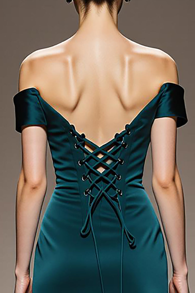 Load image into Gallery viewer, Peacock Blue Sheath Off the Shoulder Satin Long Formal Dress