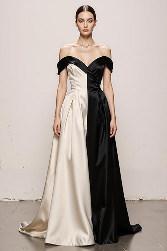 Black and White Satin A Line Sweetheart Off the Shoulder Long Formal Dress