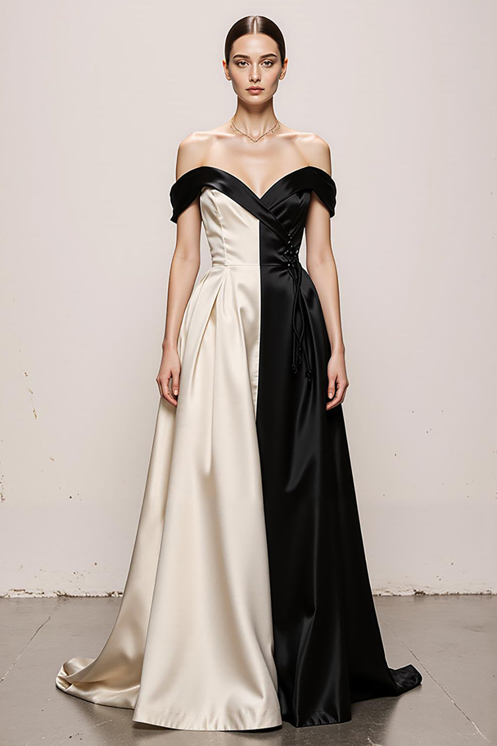 Black and White Satin A Line Sweetheart Off the Shoulder Long Formal Dress