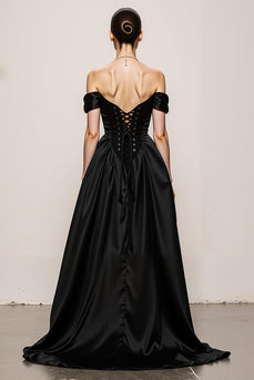 Black and White Satin A Line Sweetheart Off the Shoulder Long Formal Dress