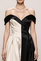 Load image into Gallery viewer, Black and White Satin A Line Sweetheart Off the Shoulder Long Formal Dress