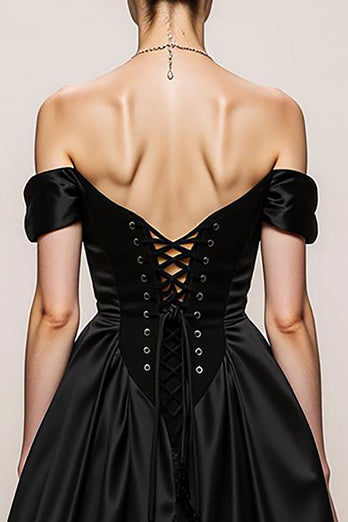 Black and White Satin A Line Sweetheart Off the Shoulder Long Formal Dress