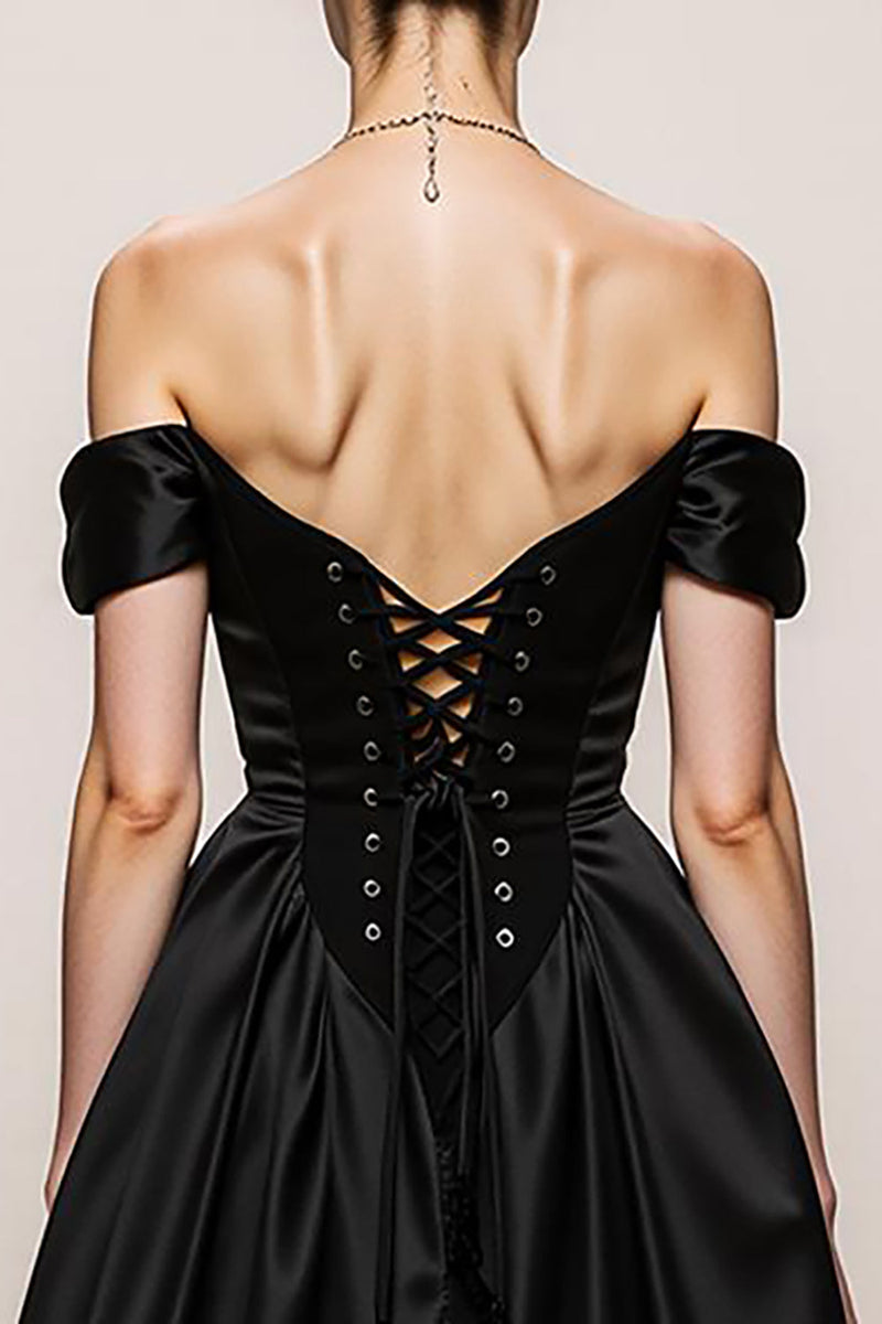 Load image into Gallery viewer, Black and White Satin A Line Sweetheart Off the Shoulder Long Formal Dress