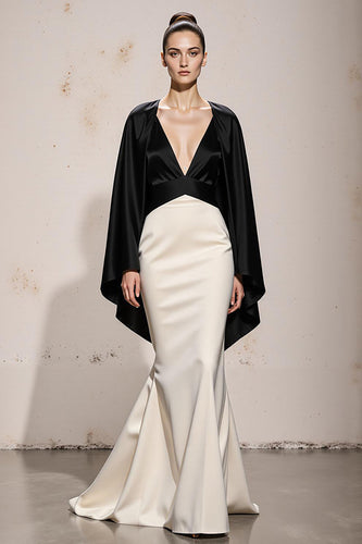 Black and White Patchwork Mermaid Satin V-Neck Long Formal Dress with Sleeves