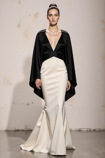Black and White Patchwork Mermaid Satin V-Neck Long Formal Dress with Sleeves