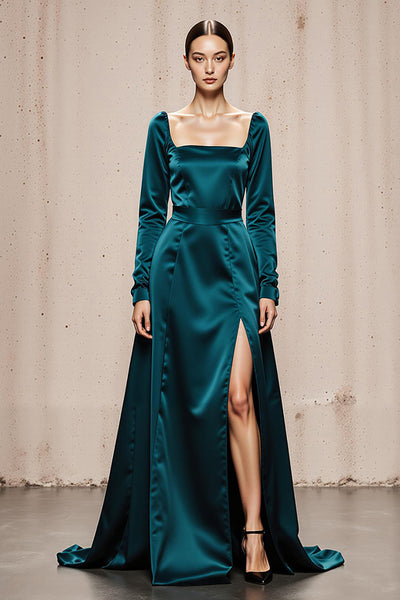 Peacock Blue Sheath Square Neck Satin Long Sleeves Formal Dress with Slit