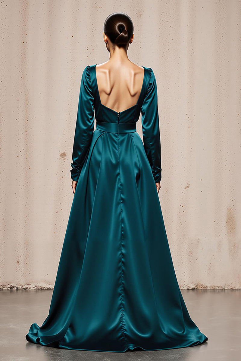 Load image into Gallery viewer, Peacock Blue Sheath Square Neck Satin Long Sleeves Formal Dress with Slit