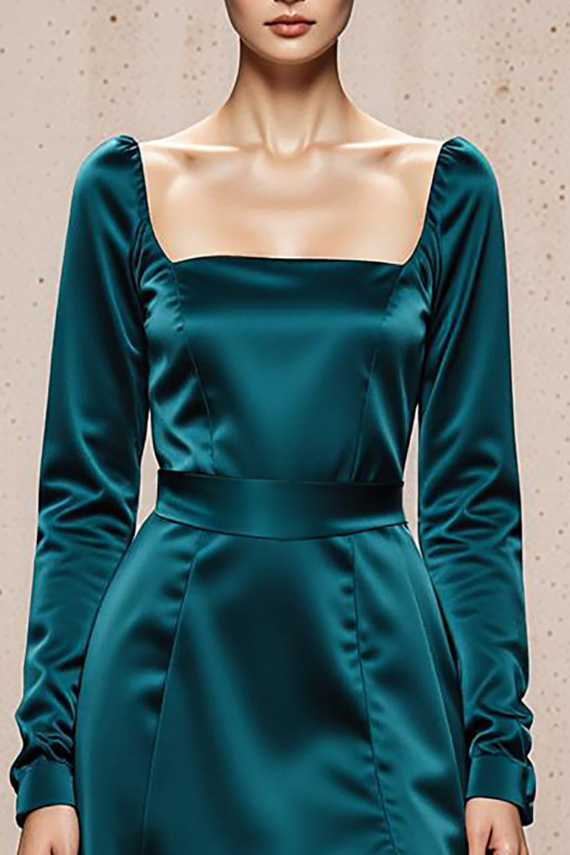 Load image into Gallery viewer, Peacock Blue Sheath Square Neck Satin Long Sleeves Formal Dress with Slit