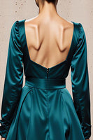 Load image into Gallery viewer, Peacock Blue Sheath Square Neck Satin Long Sleeves Formal Dress with Slit