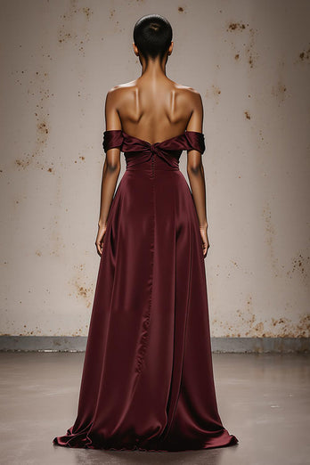 Burgundy Sheath Off the Shoulder Satin Sweetheart Long Formal Dress