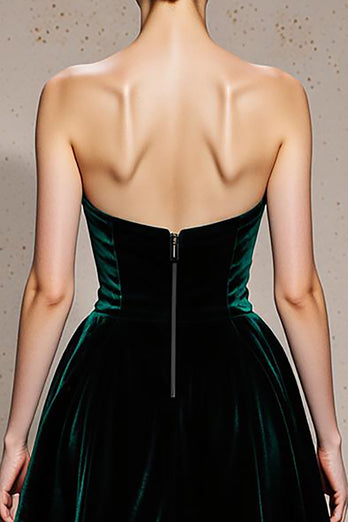 Dark Green Strapless Velvet A Line Long Holiday Party Dress with Slit