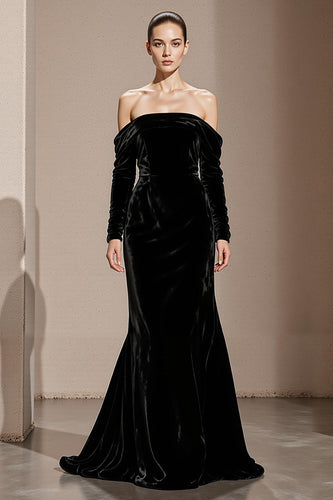 Black Velvet Off the Shoulder Backless Mermaid Long Sleeves Holiday Party Dress
