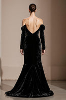 Load image into Gallery viewer, Black Velvet Off the Shoulder Backless Mermaid Long Sleeves Holiday Party Dress