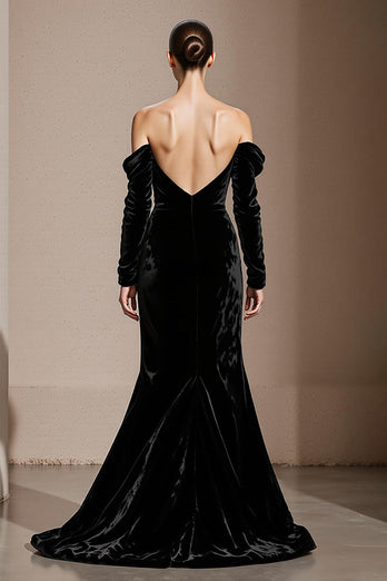 Black Velvet Off the Shoulder Backless Mermaid Long Sleeves Holiday Party Dress