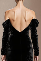 Load image into Gallery viewer, Black Velvet Off the Shoulder Backless Mermaid Long Sleeves Holiday Party Dress