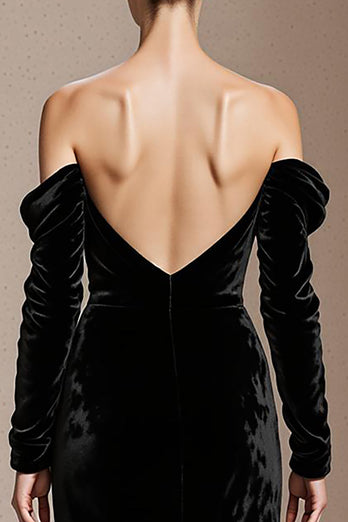 Black Velvet Off the Shoulder Backless Mermaid Long Sleeves Holiday Party Dress
