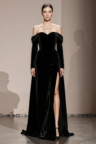 Black Sheath Velvet Off the Shoulder Long Sleeves Holiday Party Dress with Slit