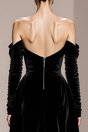 Black Sheath Velvet Off the Shoulder Long Sleeves Holiday Party Dress with Slit