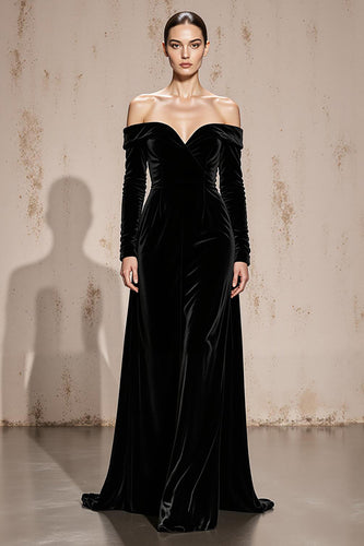 Black Sheath Off the Shoulder Velvet Long Sleeves Holiday Party Dress