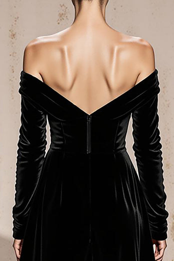 Black Sheath Off the Shoulder Velvet Long Sleeves Holiday Party Dress