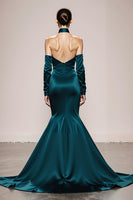 Load image into Gallery viewer, Peacock Green Satin Halter Mermaid Long Formal Dress