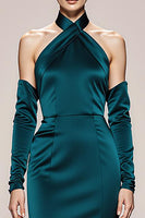 Load image into Gallery viewer, Peacock Green Satin Halter Mermaid Long Formal Dress