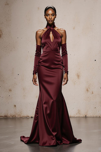 Burgundy Satin Mermaid Halter Maxi Formal Dress with Sleeves