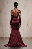 Load image into Gallery viewer, Burgundy Satin Mermaid Halter Maxi Formal Dress with Sleeves