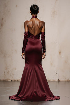 Burgundy Satin Mermaid Halter Maxi Formal Dress with Sleeves