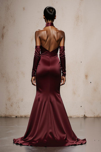 Burgundy Satin Mermaid Halter Maxi Formal Dress with Sleeves